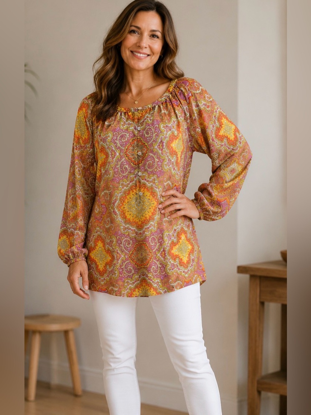 J. Crew Paisley Print Silk  Button-Front Tunic in Orange & Pink M